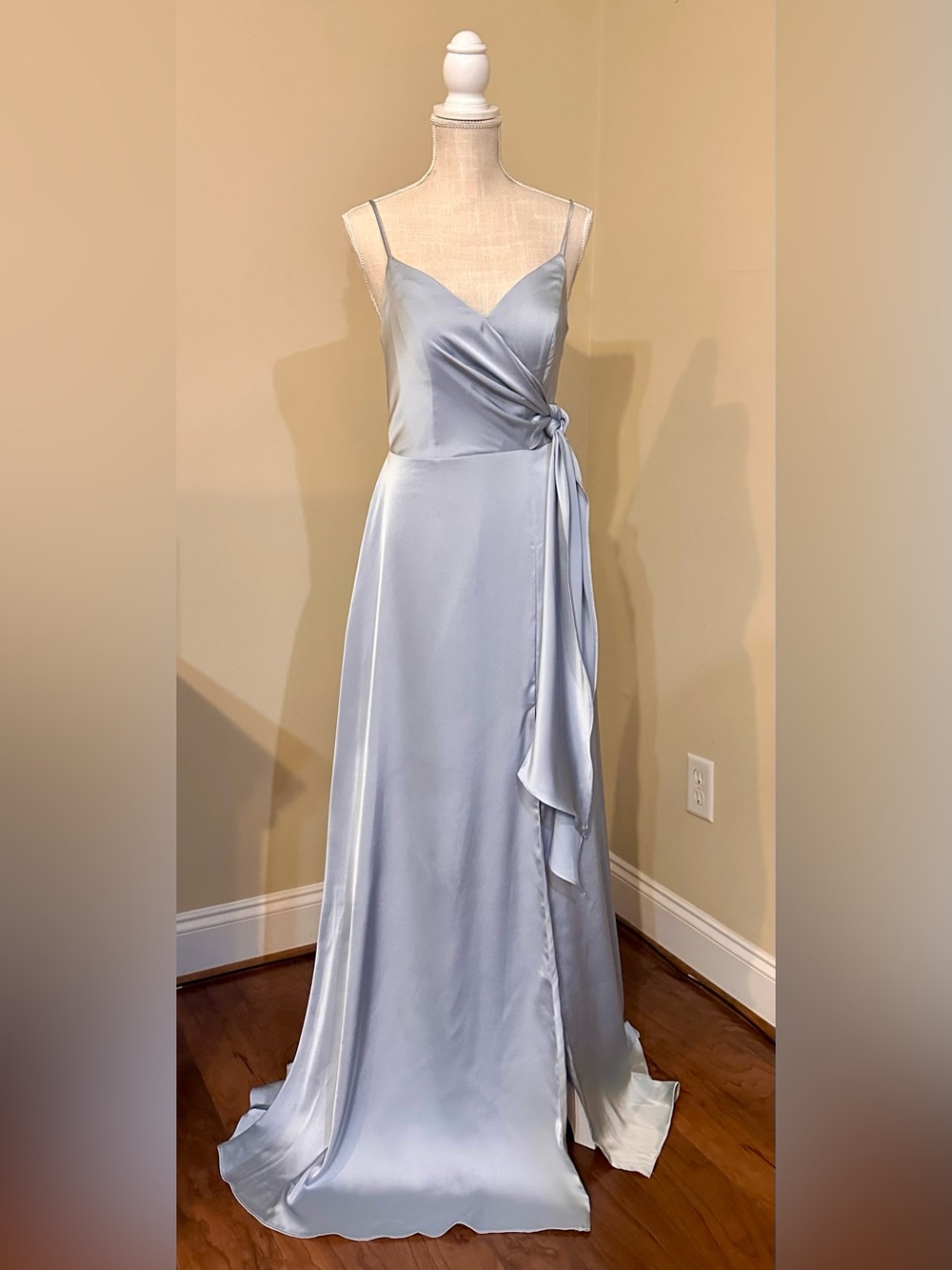 AW Bridal Light Blue Satin Wrap Maxi Dress